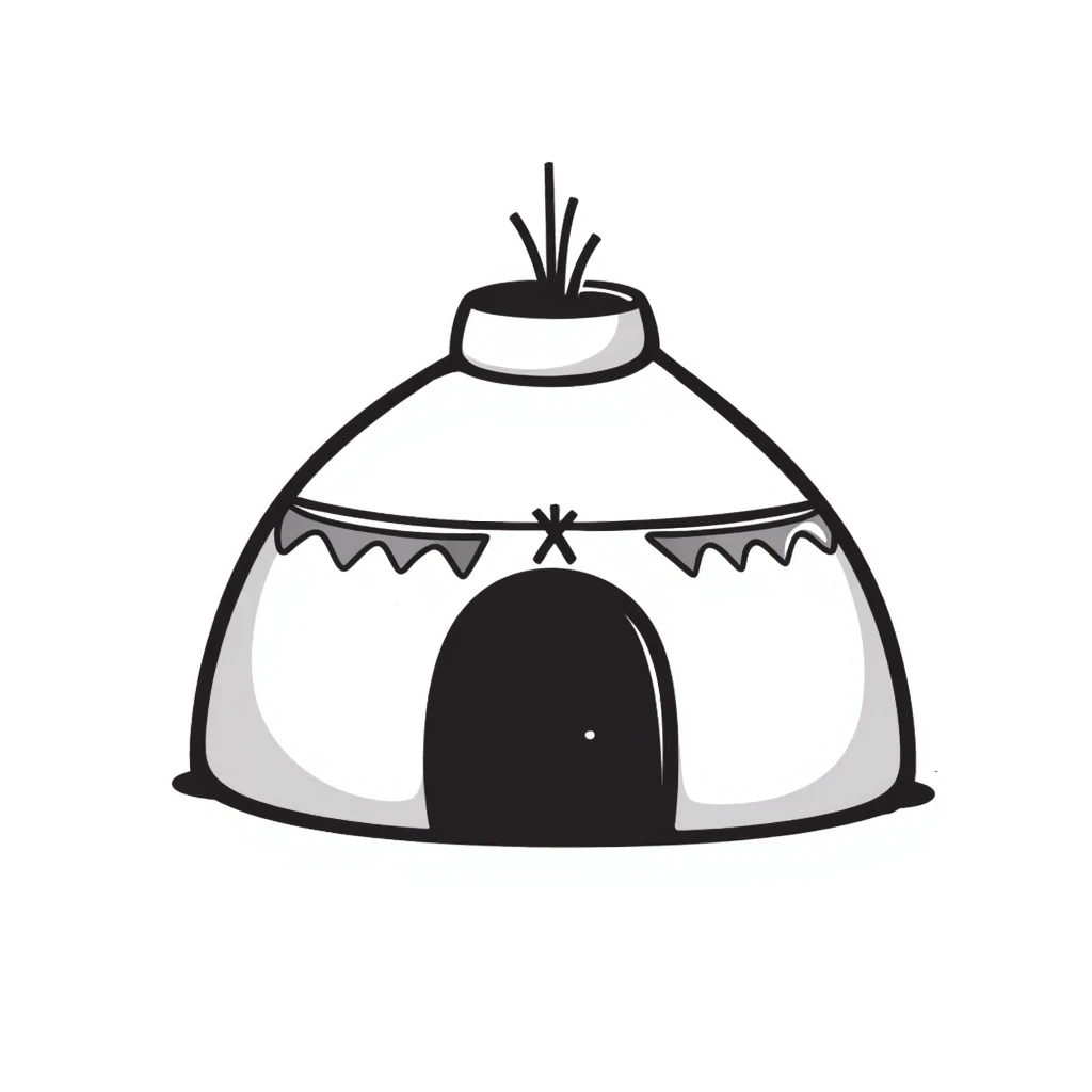 Mongolian yurt, traditional round hut, hand-drawn black doodle style emoji
