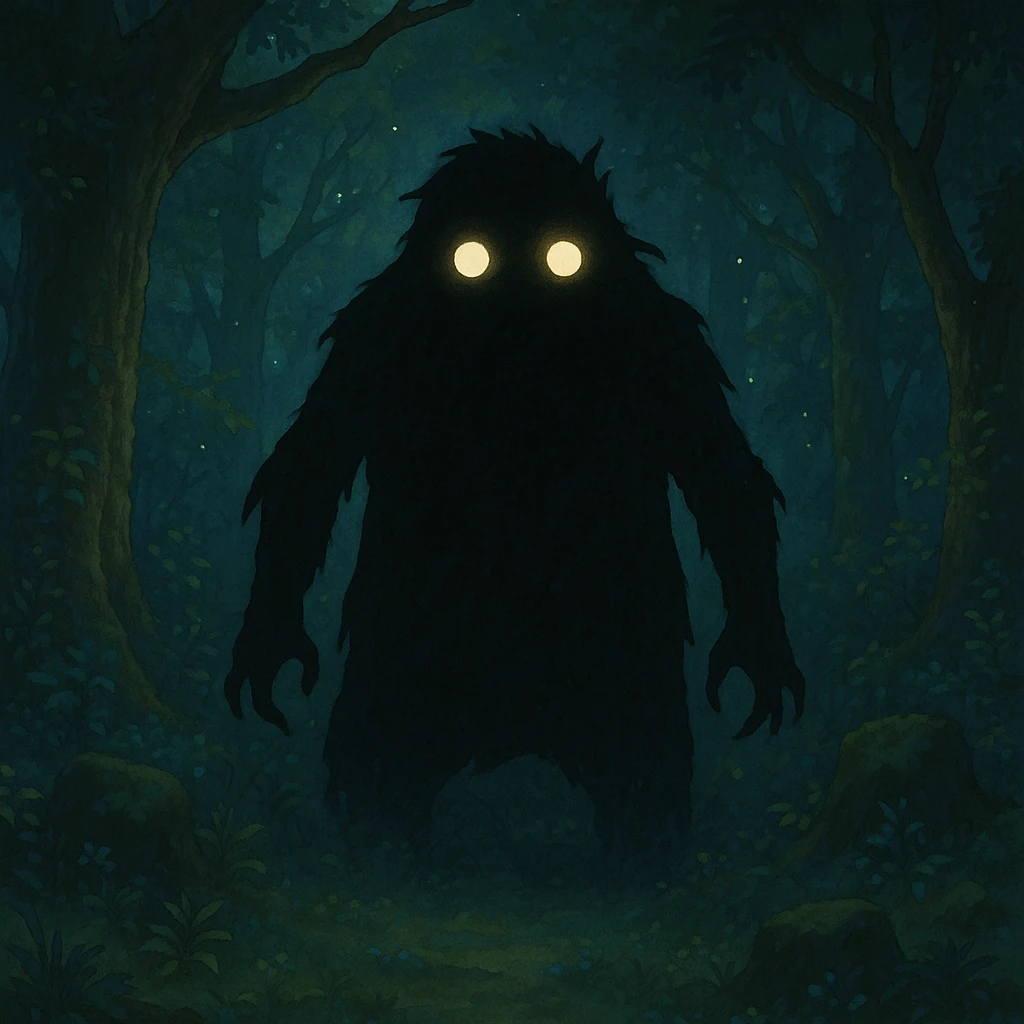 mysterious shadowy monster with glowing eyes in a magical forest background in ghibli style emoji