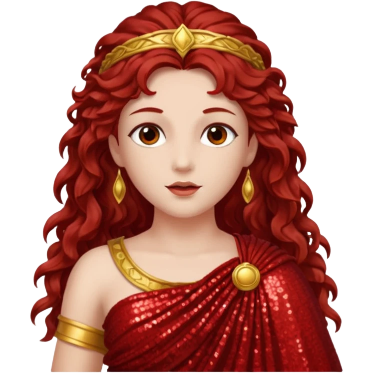 Vesta, Goddess of Hearth from Roman Deities with long dark red wavy hair, red sequin toga  emoji