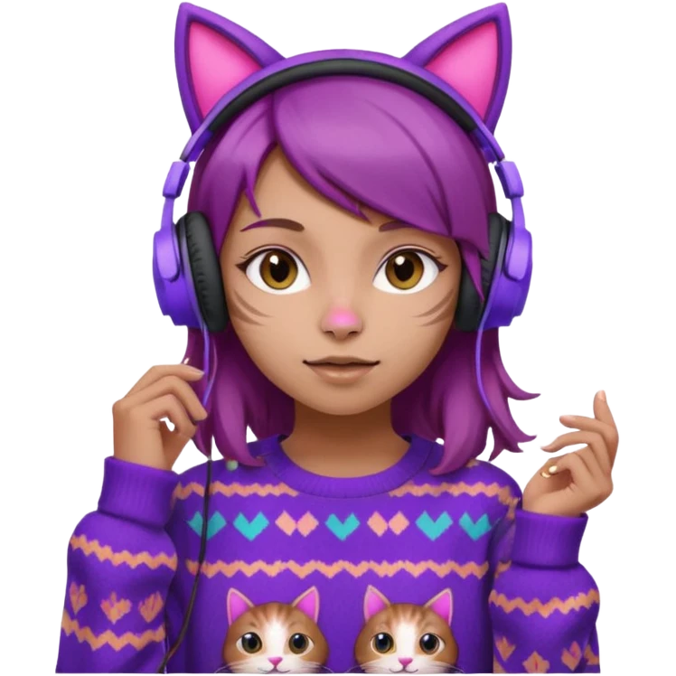 une fille avec des écouteurs de chat rose et des cheveux brun qui est crazy  chandaille mauve  emoji