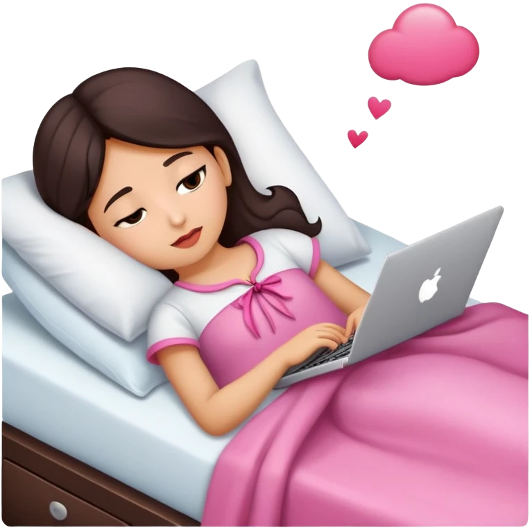 crea a una niña morena con un moño coquette en la cabeza, que tenga un computador en la cama y que la niña este acostada emoji