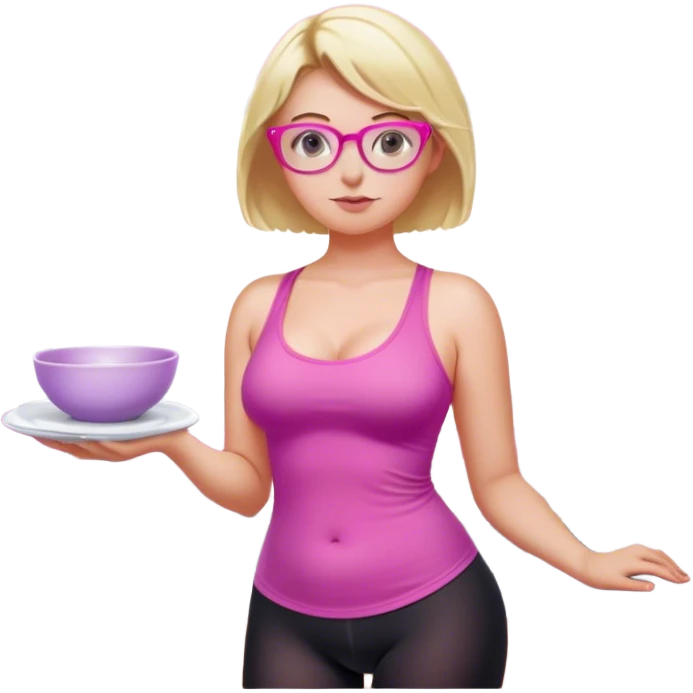 Curvy fair and freckled skinned woman, short blond hair, small light purple reading glasses, washing dishes, short flowing sheer hot pink tank top, without undergarments SFW, black yoga pants, thick booty emoji