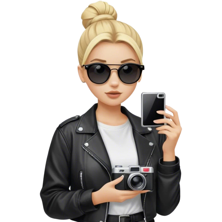 Blonde white girl with film camera wearing blackout sunglasses where you can’t see her eyes with a high bun. She’s wearing a white t shirt and a black baggy leather jacket  emoji