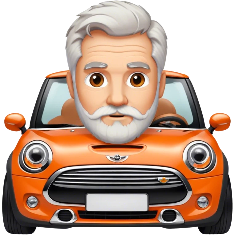 Grey haired bearded man driving a modern orange Mini Cooper emoji
