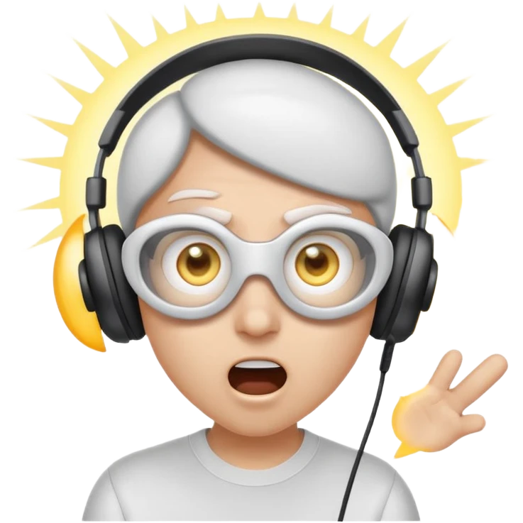 Cartoon character, surprised and blinded by flashbang, headset on, exaggerated eyes, bright white glowing effect, funny expression, Twitch emoji style, transparent background emoji