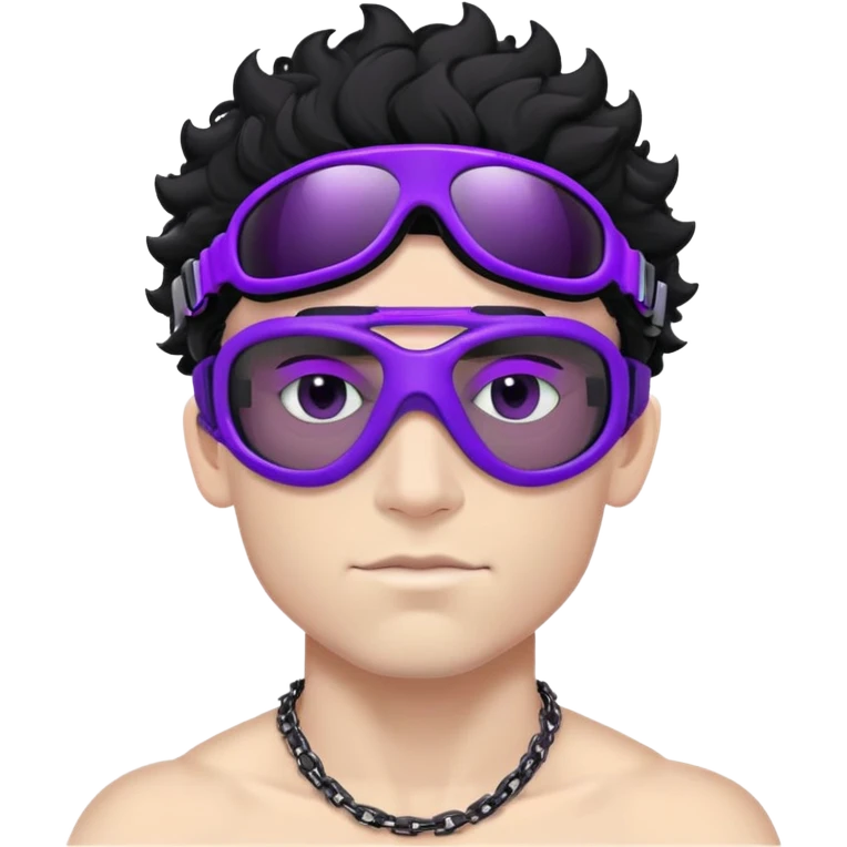 shirtless male athlete with white skin and moderately curly black hair on top with shaved sides, wearing ski goggles with purple frames/outline and very dark heavily tinted black lenses that completely hide the eyes, and a simple plain black chain necklace, no earrings emoji