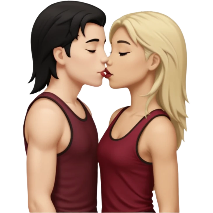 a white masculine woman with short mullet tomboy black hair wearing men's black tank top kissing a lightskin woman with long dark blonde hair wearing maroon tank top emoji