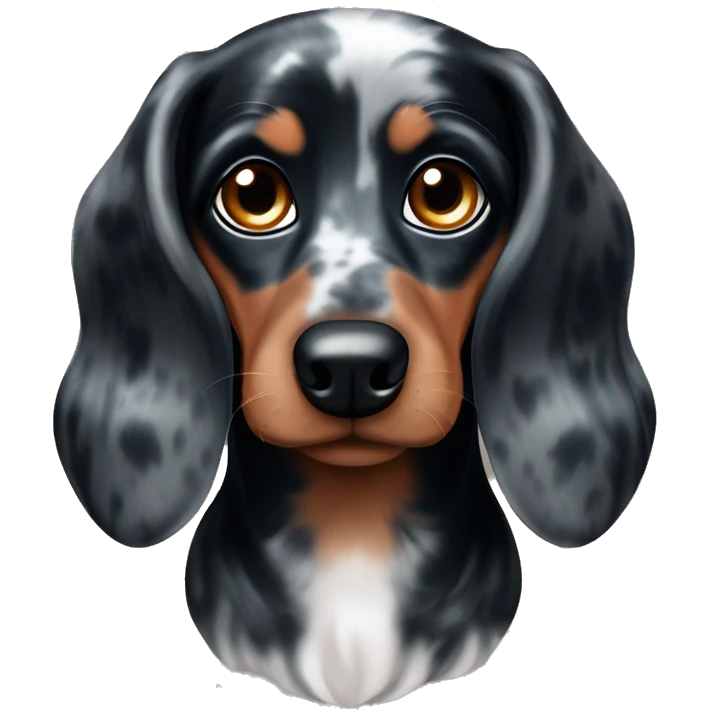 Black merle mini dachshund with one blue eye and one brown eye emoji