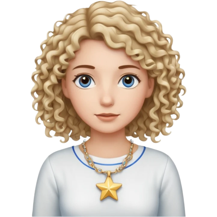 Very white woman, with blue/grey eyes, straight brown hair that is a little bit blonde and the tips are curly, cute white outfit, star neckless emoji