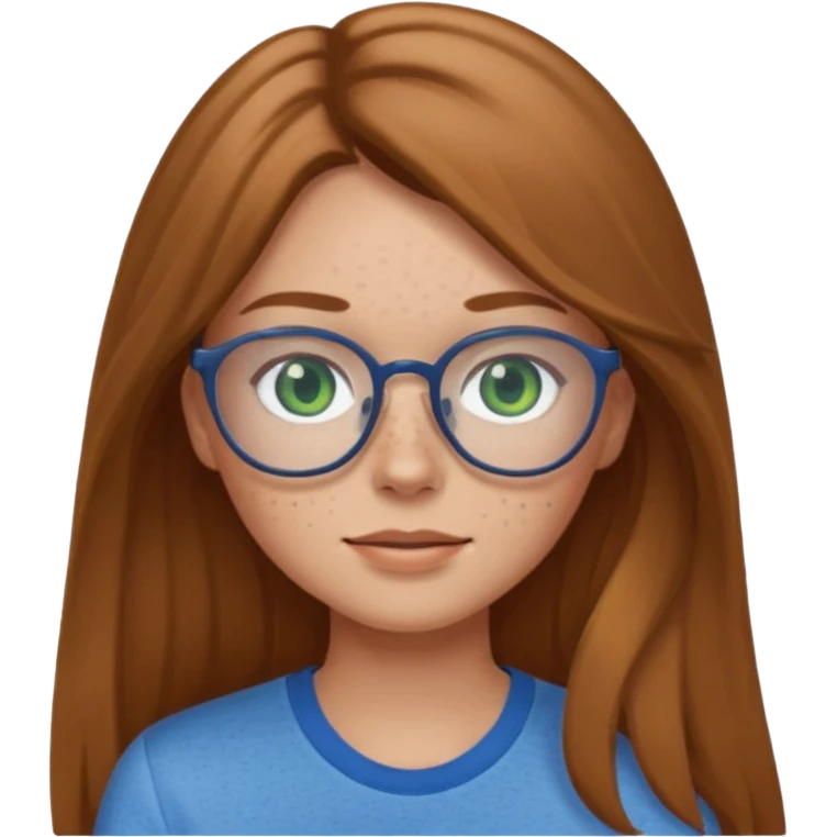Create an emoji of a girl with light brown hair long length hair, green eyes, freckles, glasses and wearing a blue shirt emoji