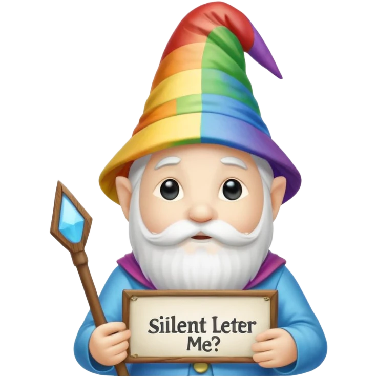 A zen rainbow gnome, holding a sign reading, "Silent Letter Day, who's with me?” emoji