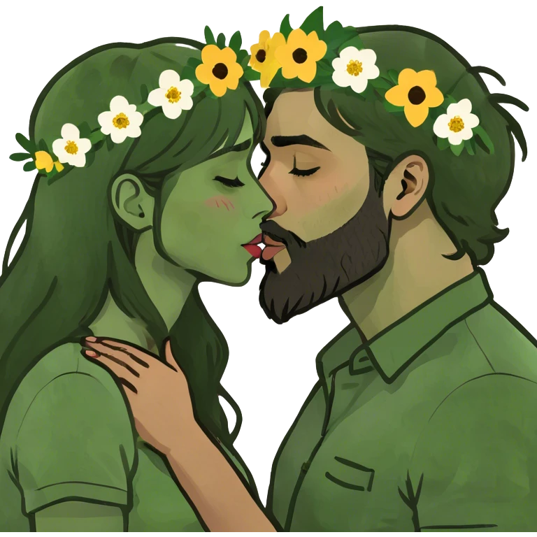 a brunette girl with hazel eyes and dark nude lips and brunette man with a beard kissing esch other  emoji