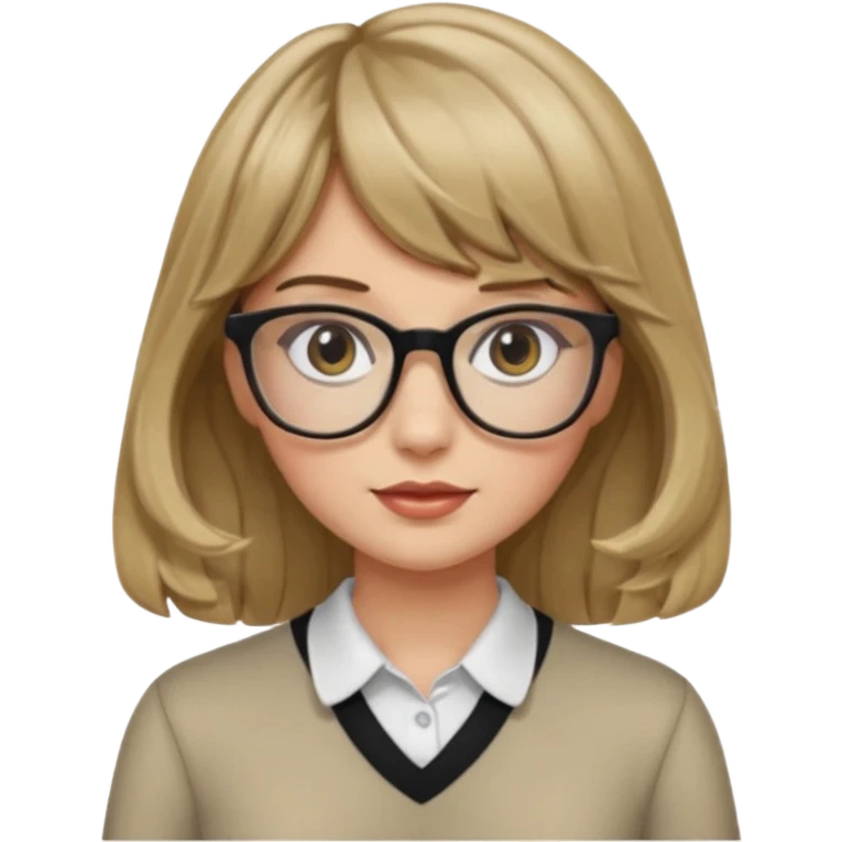 Uma garota de cabelo ondulado loiro escuro,mas com franja lisa e olhos pretos,usa óculos e a cor de pele branca,e o cabelo na cintura emoji