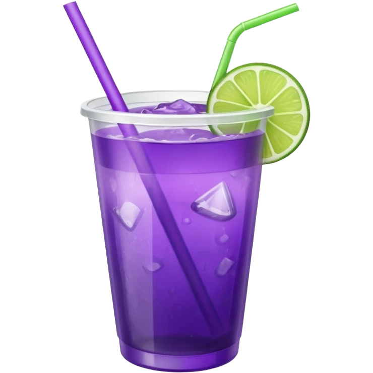 purple cocktail with a lime in a plastic cup with lid and straw emoji