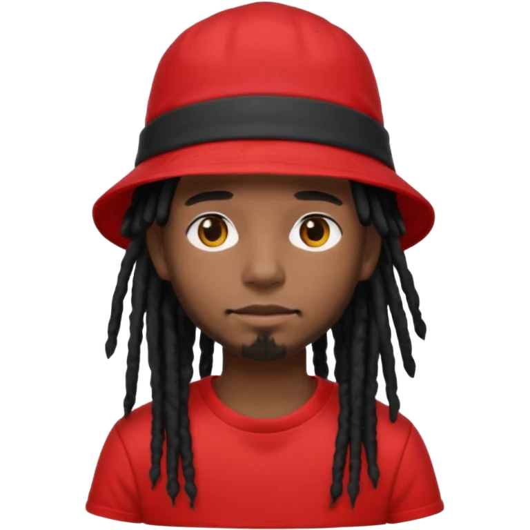 dark brown skin, black hair dreadlocks, wear red t-shirt, black bucket hat emoji