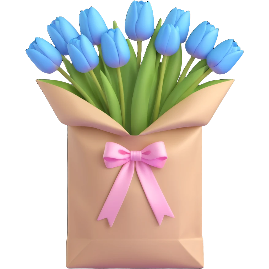 a bunch of pastel blue tulips arranged in a white paper bag with a soft pink ribbon, light blue tones, subtle shadows, minimal look, 3D iOS emoji style emoji