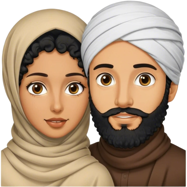 a tanned with black curly hair men with a beard and a tanned hijabi women emoji