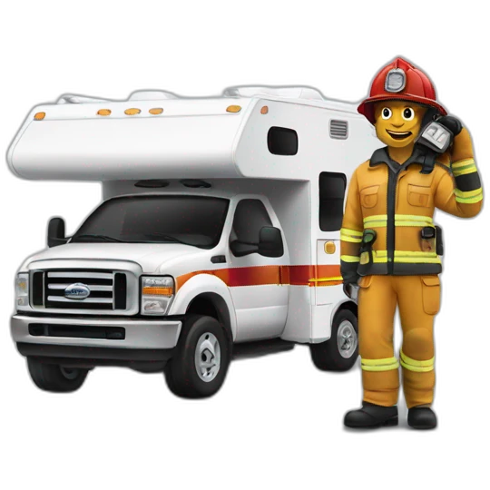 Firefighter posing next to a motorhome emoji