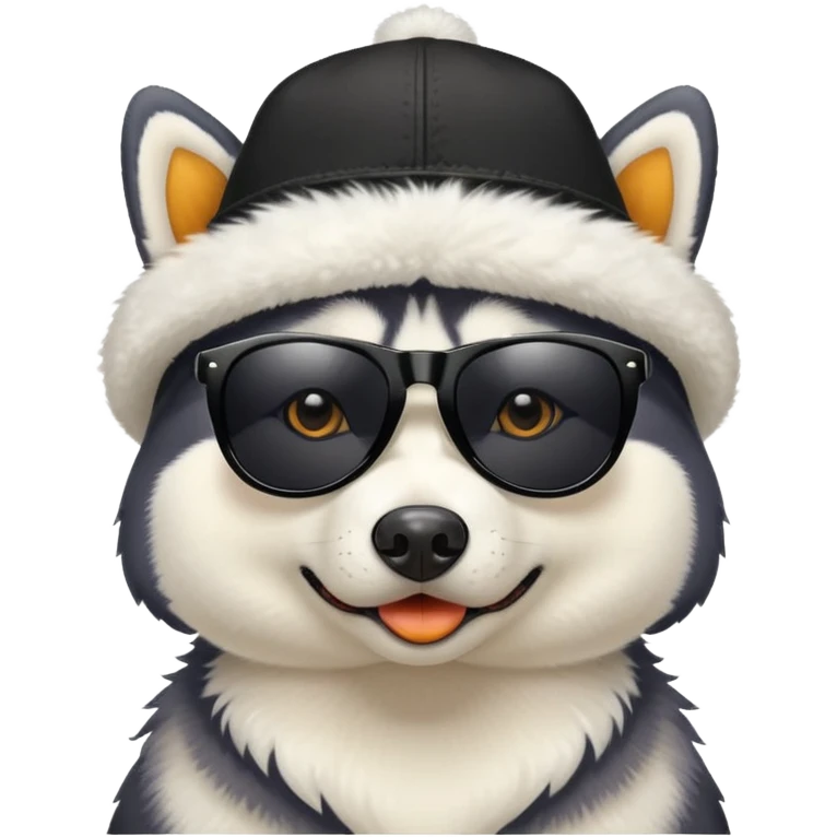 Husky dog wearing black sunglasses and a hat with duck pattern emoji