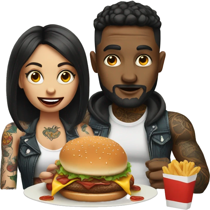 Beautiful tattooed couple eating burgers emoji