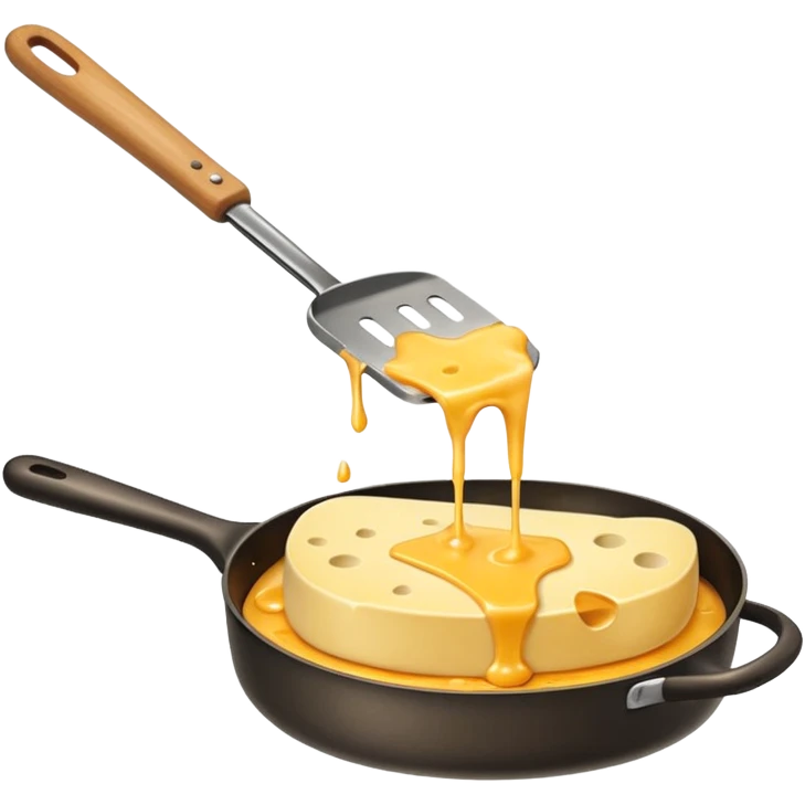 Emoji of raclette cheese being scraped with a metal spatula, melted cheese flowing, warm golden colors, modern emoji style, clean outlines, transparent background emoji