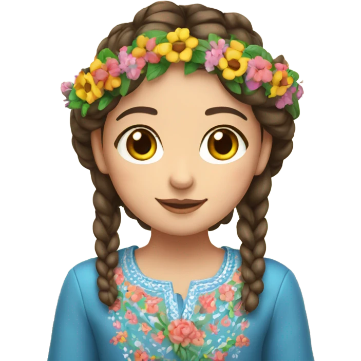 a brunette girl with a braid in a Ukrainian embroidered shirt and a wreath of flowers on her head emoji