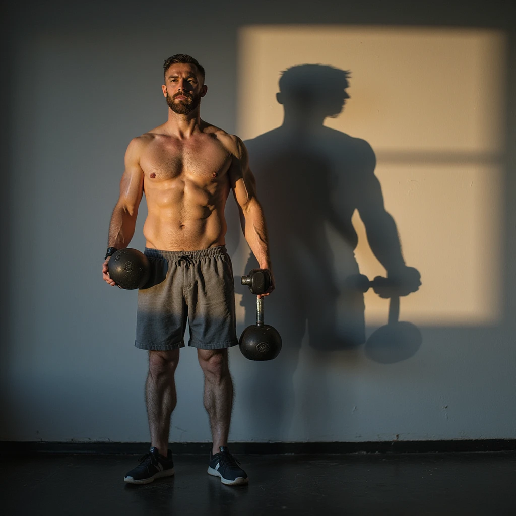 man training with weights, but his shadow on the wall appears larger, symbolizing difficulty losing weight, symbolic atmosphere, 4K details emoji
