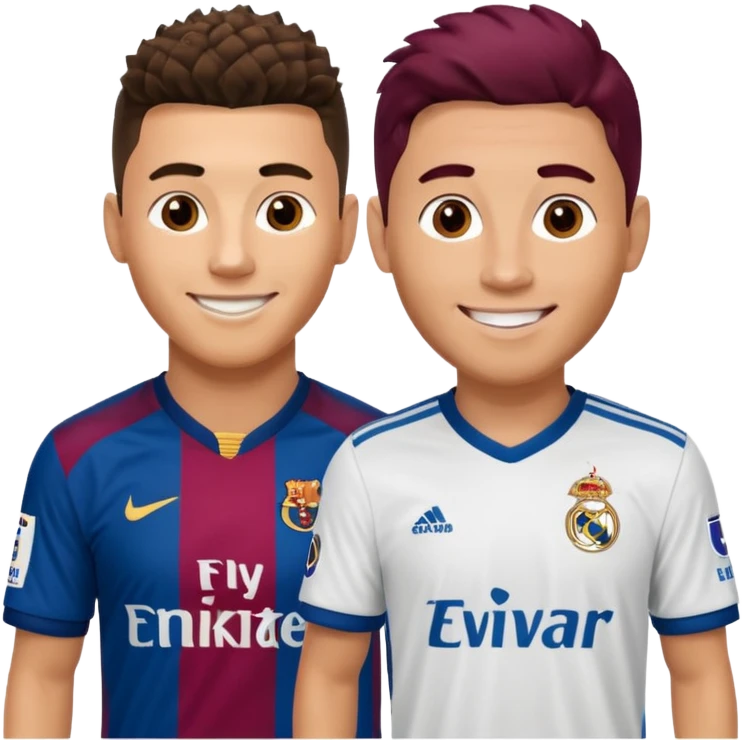 Prime noodle hair ronaldo and prime 2012 messi Smiling in one Photo and make it realistic Ronaldo wearing Number 7 With Madrid and Messi wearing number 10 with barca  emoji