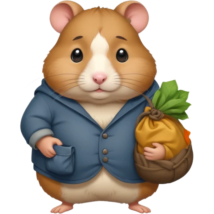 Fat cartoon-style hamster hobo carrying a bindle over its shoulder with a sad expression. emoji