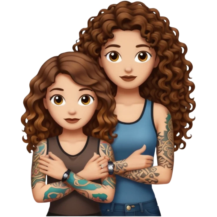 smug crossed arms — long wavy brown hair tattooed woman and short tight curly brown hair woman — glow aura emoji