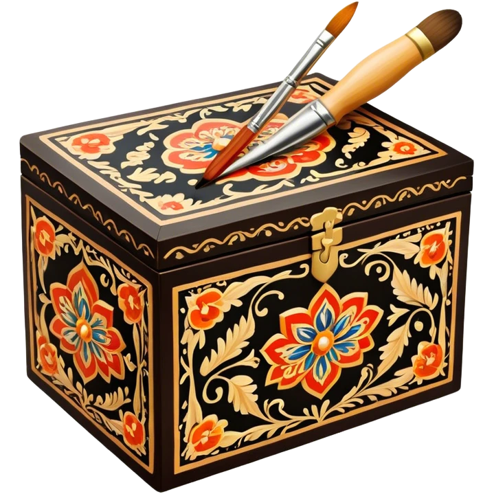Wooden box painting icon, traditional Palekh or Khokhloma patterns being painted on a wooden box, paintbrush and fine details visible, the box in the process of decoration, visible tools like brushes and paints, minimalistic style, clean lines, transparent background. emoji