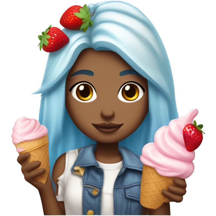In hombre Strawberry ice cream, layered vanilla, ice, cream, strawberry jelly, whipped cream on the top with a strawberry a girl with hombre light blue hair. emoji