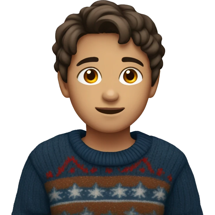 young boy, young hispanic, brown hair, short hair, brown eyes, dark blue winter sweater emoji