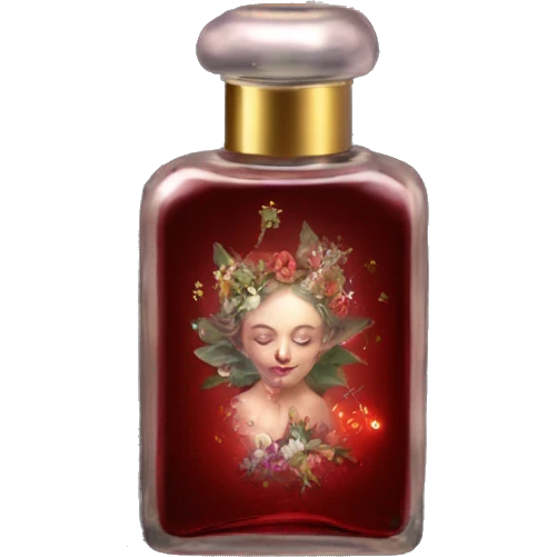 Dark red magic fairy light sparkling old Antique oil perfume bottle with herbal and flowers emoji