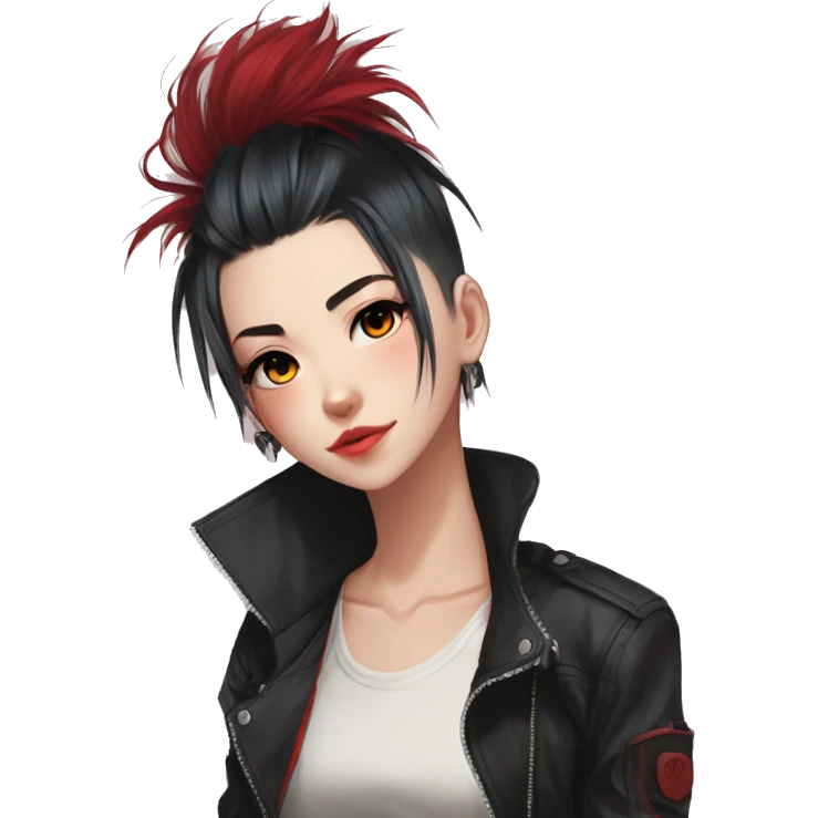 Gorgeous anime style tomboy-lady with blushing face aesthetic and pretty edgy black red punk hair with hair garment trending style emoji