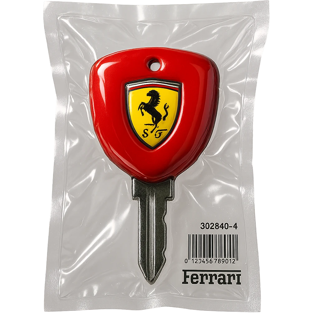 classic Ferrari key, red, with yellow Ferrari shield logo, shiny and inflated emoji