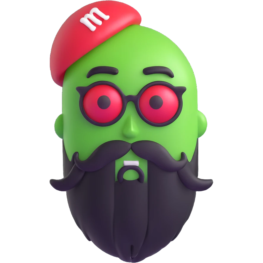 green m&m candy character with a black beard emoji