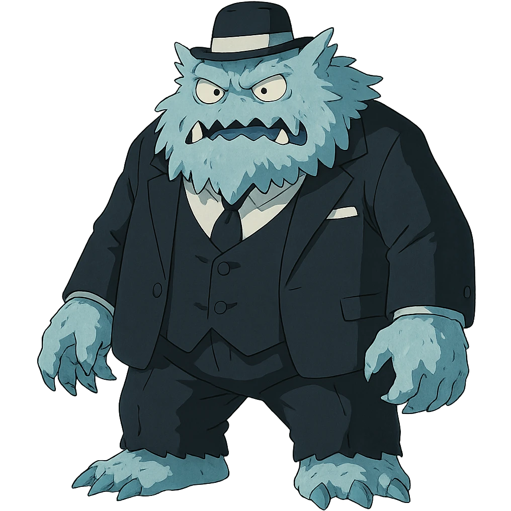 ghibli style ice monster dressed in a black and white suit and hat emoji