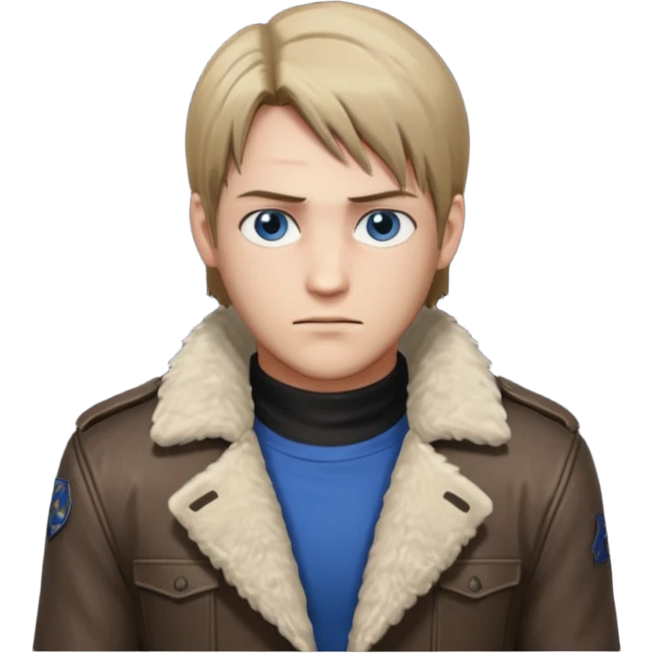 Leon Kennedy from resident evil 4 remake in sheepskin coat and black t-shirt blue eyes clean-shaved emoji