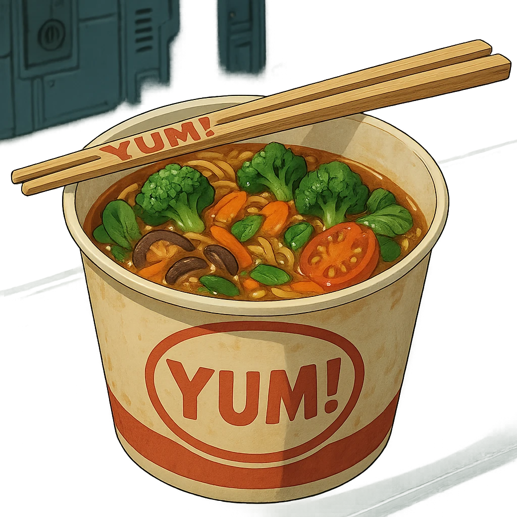 cyberpunk futuristic, scifi, a bowl of delicious veggie , ramen, 1990s, paper cup, classic style branding, with chopsticks, empty background, brand name: YUM! emoji