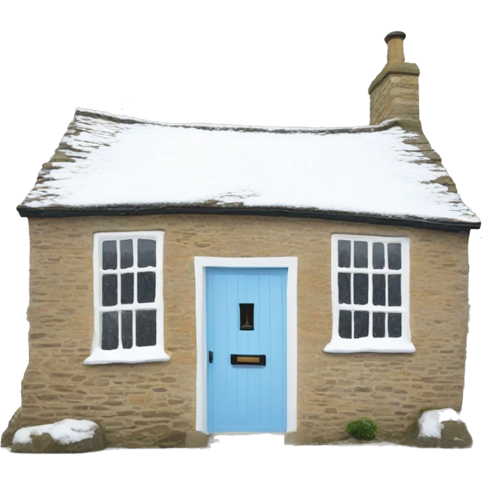 Snowy stone cotswolds cottage with sky blue door  emoji