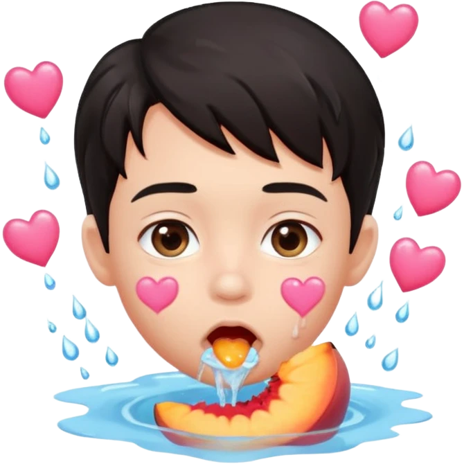Cute boy, light pink eyes, grown out dark hair, eating a peach, pink hearts floating , water dripping from mouth emoji