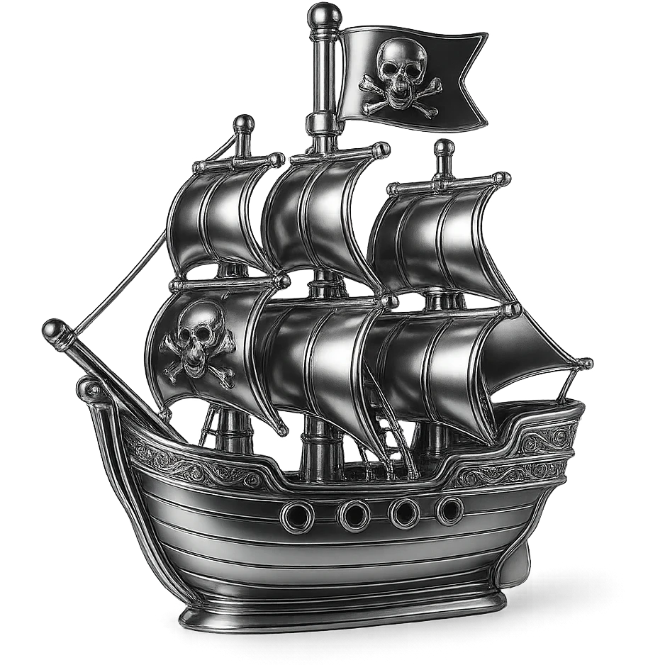 Refine the pirate ship's flag emblem to closely match the provided skull and crossed bones: a realistic animal skull with open mouth and two curved bones crossing behind it, all rendered in a dramatic chrome style. Keep the rest of the ship and flag in chrome with a dramatic effect. emoji