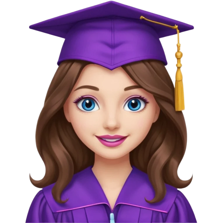 girl with long wavy brown hair, blue eyes, long lashes makeup, sexy pink lips, wearing a purple graduation cap and gown emoji