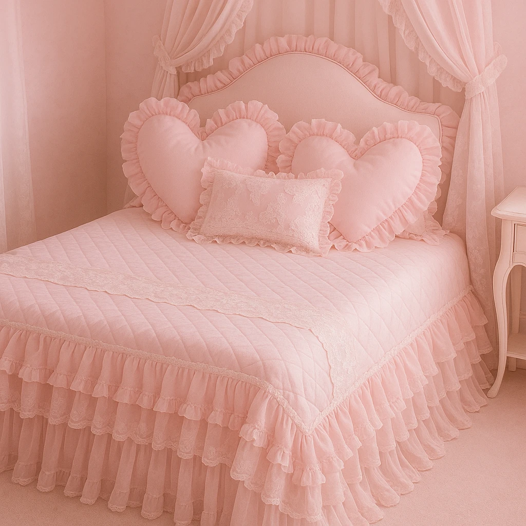 a pink frilly bed with heart-shaped pillows and lace, coquette aesthetic, soft and romantic emoji
