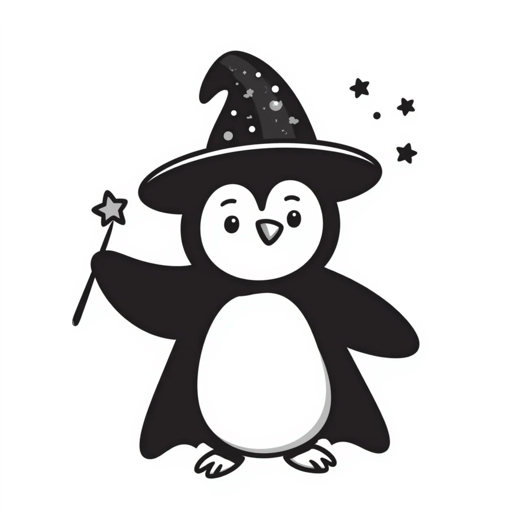 cute penguin wearing a wizard hat and robe, holding a magic wand emoji