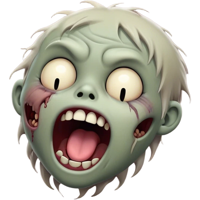 Cinematic Cute Yawning Zombie Portrait Emoji, with a delightfully quirky, slightly disheveled face in muted ashen tones, head tilted back in a big, funny yawn that reveals quirky stitches and playful gaps, simplified yet irresistibly charming, highly detailed with a soft, eerie glowing outline capturing the sleepy, offbeat vibe of a zombie taking a nap! emoji