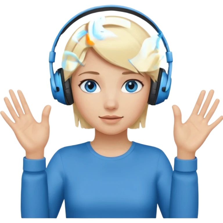 girl with blonde and middle short hair and blue eys with heands telling what, having heaphones on head,  emoji