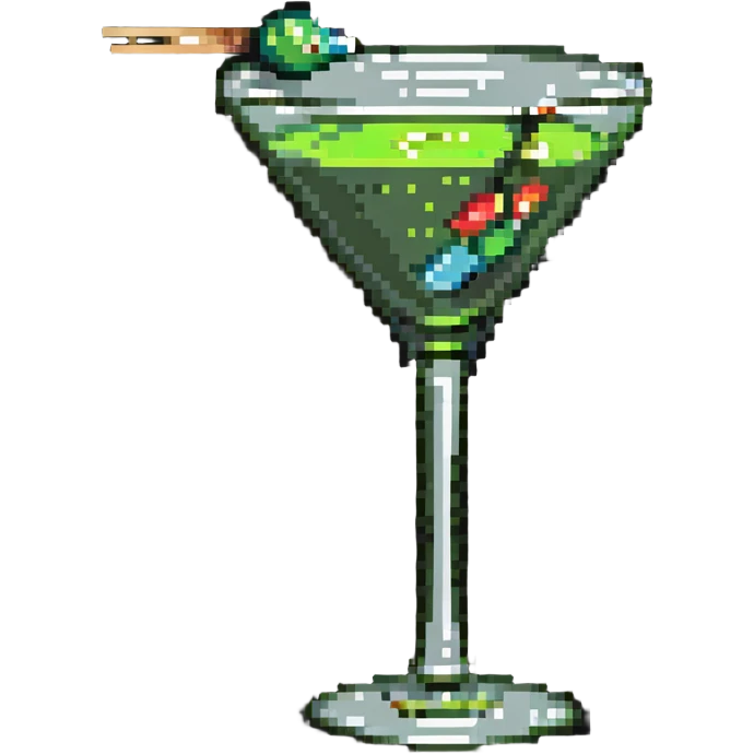 simple martini glass with colorless liquid, just showing glass outline with minimal liquid representation, green olive on toothpick at bottom emoji