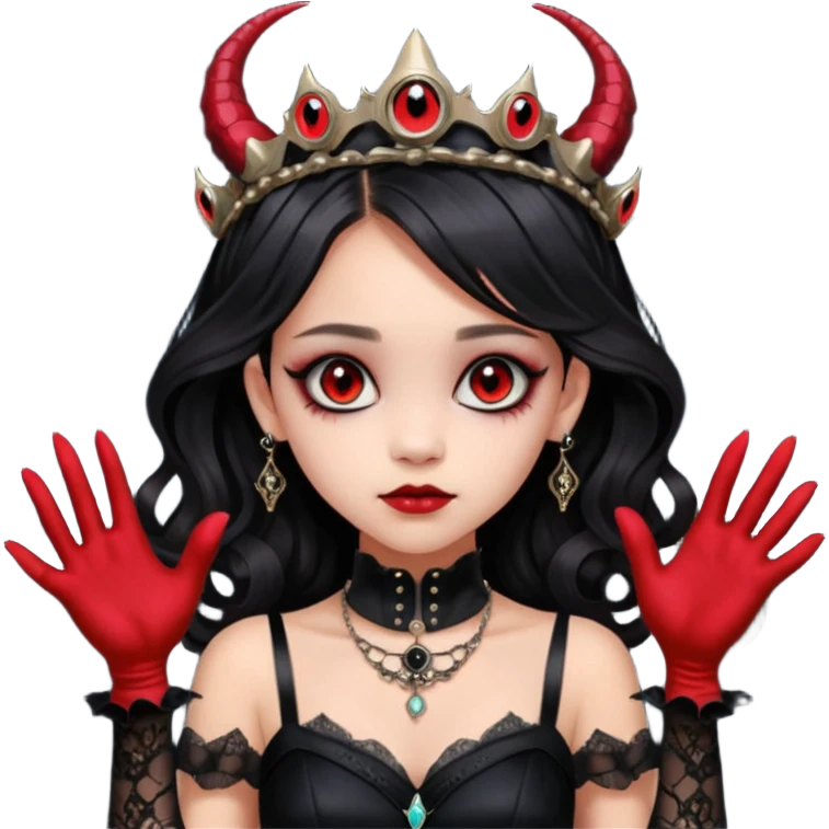 Holed and worn Lavish black evening gown with see-through gloves, Jenna Ortega as Addams woman wearing a steampunk mini tiara, very large blood red evil-looking horned old dragon evil eyes  emoji